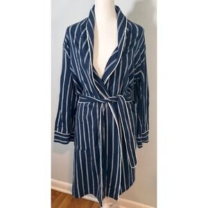 Petite Plume Pima Cotton Robe Navy Stripe Shawl Collar Belted Made in Peru